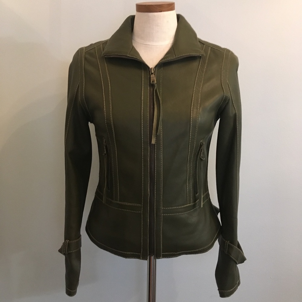 ANDREW MARC  NY OLIVE GREEN LEATHER JACKET SMALL